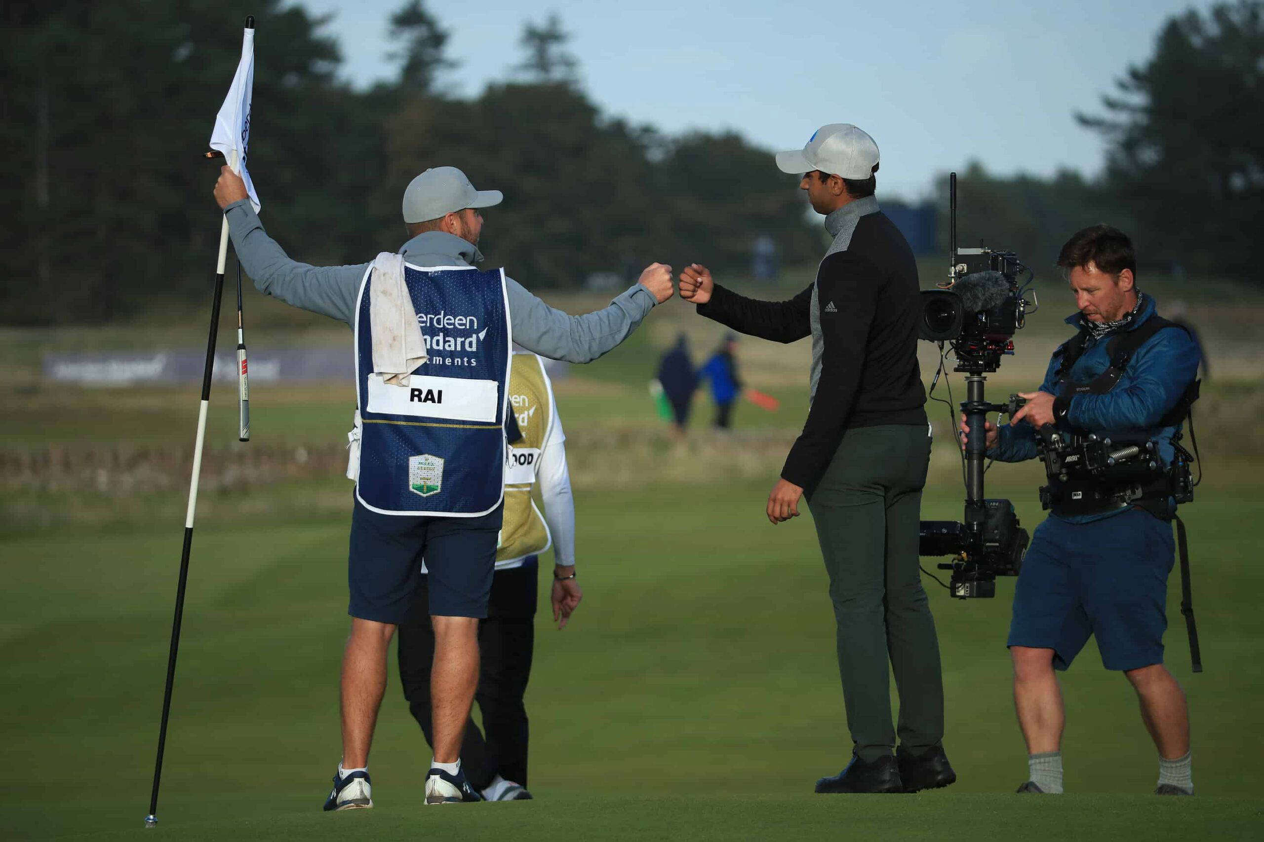 NORTH BERWICK, SCOTLAND - OCTOBER 04: Aaron Rai of England celebrates beating Tommy Fleetwood of England after the first play-off hole to win the Aberdeen Standard Investments Scottish Open at The Renaissance Club on October 04, 2020 in North Berwick, Scotland. (Photo by Andrew Redington/Getty Images)